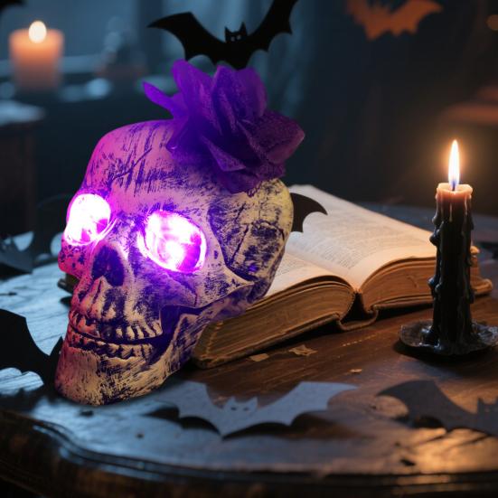Halloween Skull Statue with Flower Plastic Small Size Human Head Bone Sculpture Collectible Skeleton Figurine for Indoor Outdoor Decor