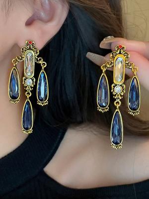 Teardrop-Shaped Metal-Set Synthetic Blue Women'S Earrings And Pendants, Perfect For Banquets, Dances And Parties