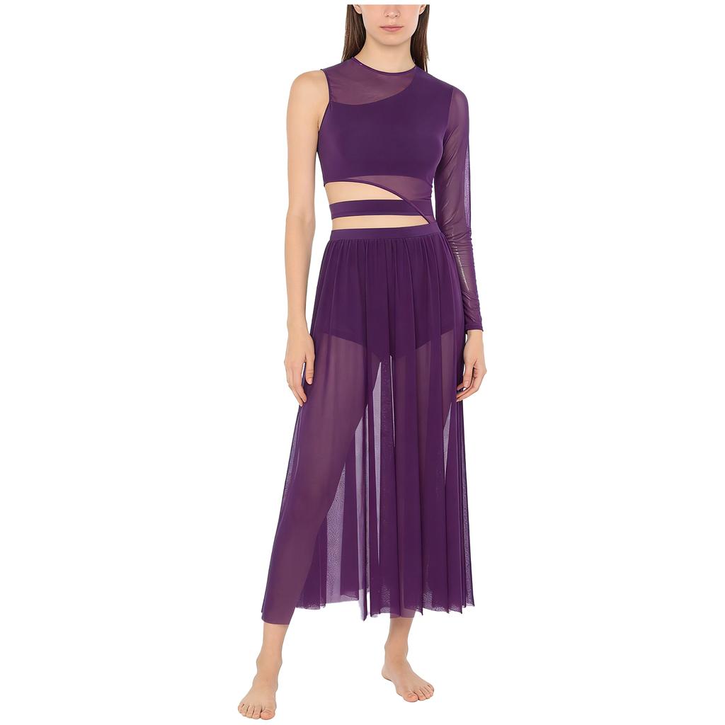 Womens Modern Lyrical Dance Costume Cutout Patchwork Sheer Mesh Latin Dance Dresses Ballroom Dancewear