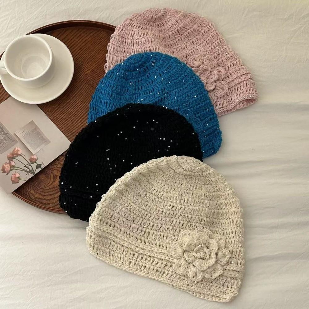 Hand-woven Sequin Crochet Hat Hollow Beanies Cap Ins Flower Knitted Caps  Outdoor