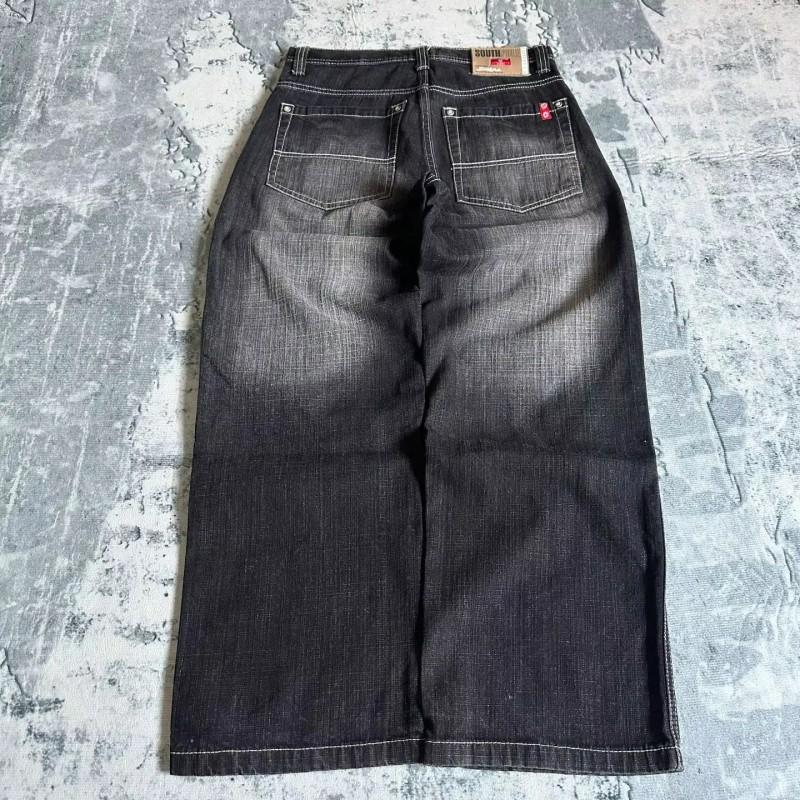 Southpole Y2K Streetwear Pantaloni di Jeans a Gamba Larga Uomo Donna Nero Grigio Lavato Vestibilità Larga Vita Media Taglio Dritto