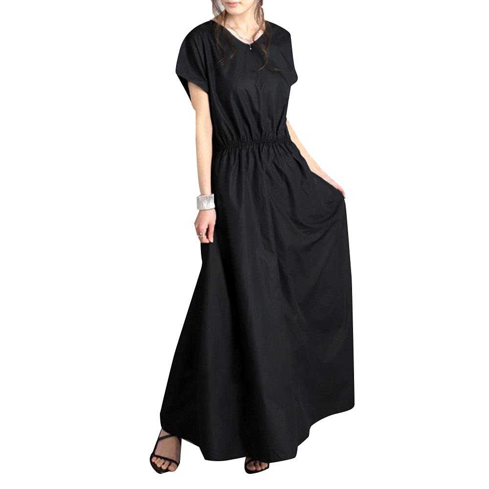 

Plain French Sleeve Waist Long Skirt Waist Big Bow Belt Long Dress [JINJUDUO] Spring/Summer Women s V-Neck Short-Sleeve (Black, M) чорний