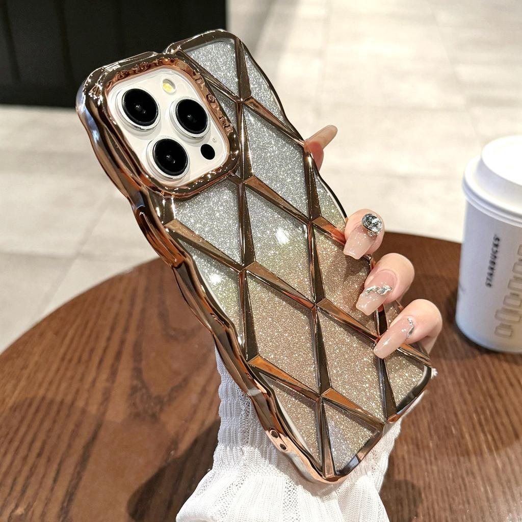 Luxury 3D Plating Diamond Grid Pattern Glitter Powder Phone Case for iPhone 11 12 13 14 15 Pro Max 12 Pro 13 Pro 14 Pro Max Anti-drop Soft TPU Cover