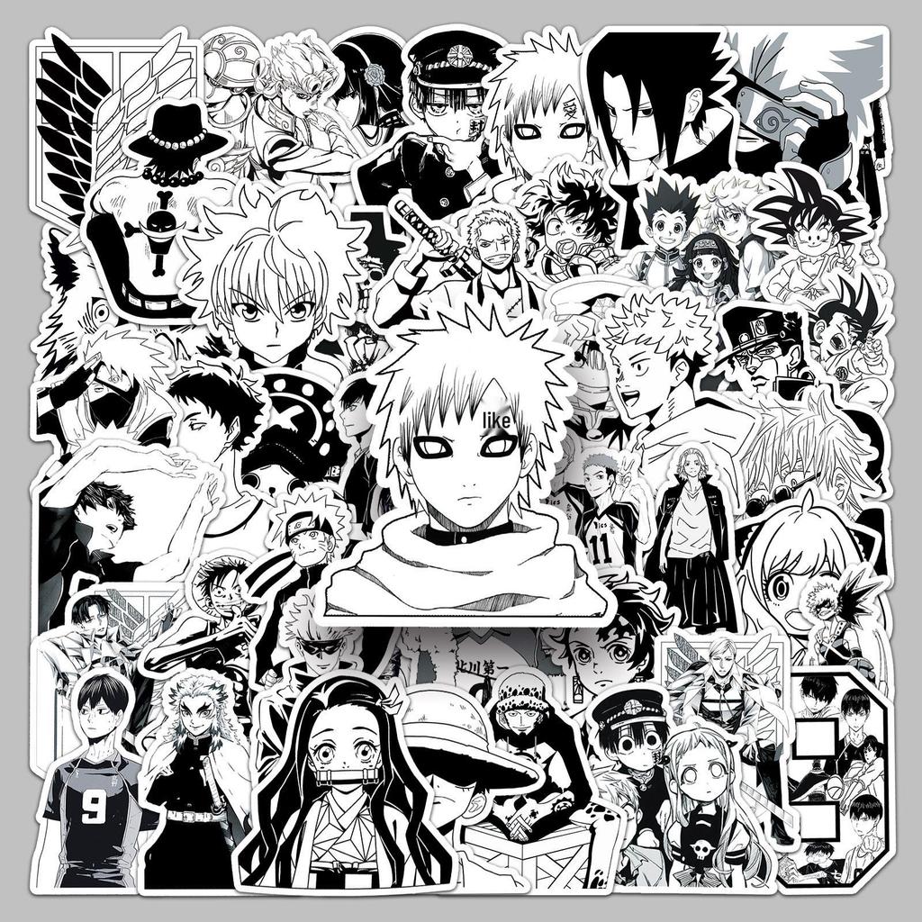 Black & White Japanese Manga Stickers - 50 Sheets for Notebooks, Phones, Waterproof Children's Creative Decoration