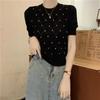 Women Diamond Grid Rhinestone Knit T-shirt Crew Neck Short Sleeve Fitted Casual Sweater