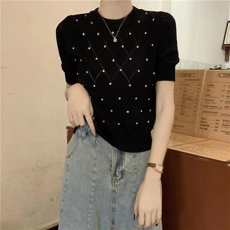 Women Diamond Grid Rhinestone Knit T-shirt Crew Neck Short Sleeve Fitted Casual Sweater