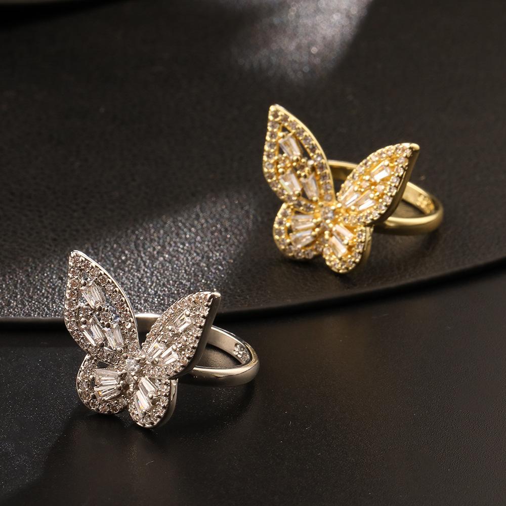 Customized Light Luxury Retro 18K Gold Plated Copper Zircon Butterfly Ring Ins Cold Wind Adjustable Women Jewelry Gift