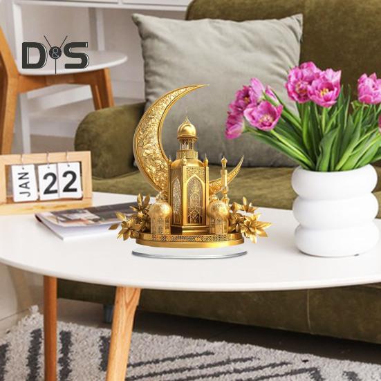 Acrylic Moon Castle Ornament 2D Flat Golden Crescent Moon Mosque Table Sign Holiday Party Home Office Living Room Bedroom Desktop Decoration