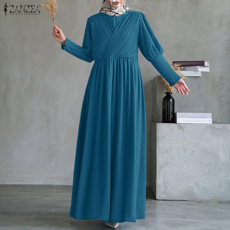 ZANZEA Muslim Casual Round Neck Long Sleeve Loose Women Long Dress