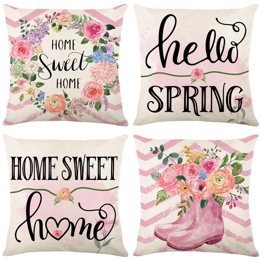 Watercolor Spring Plant Flower Pillow Cover Letter Flowers Home Cushion Cover Bedside Pillow Cover