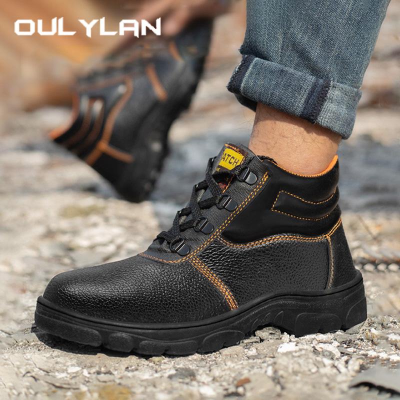 Oulylan Men Cowhide Waterproof Safety Shoes High-top Anti Piercing Work Boots Steel Toe Anti Smashing Labor Footwear 38-46
