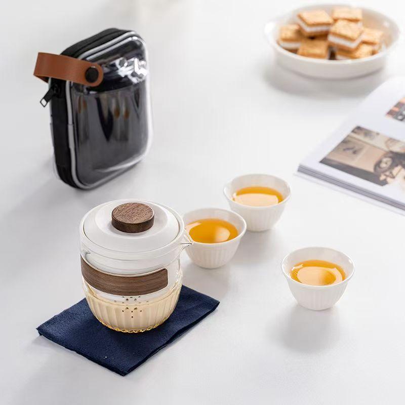 Modern simple Kung Fu travel tea set, glass filter, one pot, three cups, insurance bank company souvenir