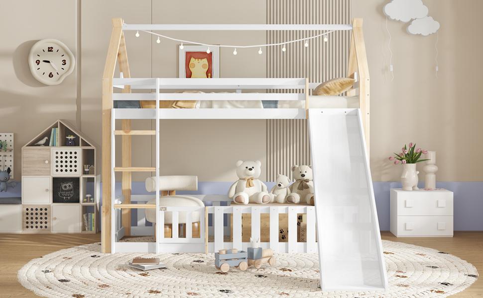 Bunk Bed, Children's Bed, with Fun Slide, Free Space with Fence, Sturdy Slatted Frames and Ladder, Pine + MDF + Plywood, White+Natural, 90x200cm