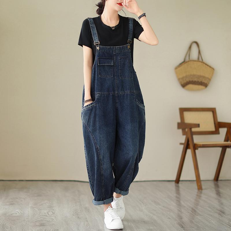 Spring Fall Women's Multi Pocket Cargo Suspender Female Vintage Patchwork Blue Denim Overalls Casual Loose Jumpsuit