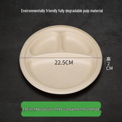 Disposable 3-Compartment Round Paper Plates, 8.86 Inch