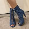 Fashion New Classic Blue Denim Fabric Cross-Strap Peep Toe Women Ankle Boots Spring Summer Sexy Elegant High Heels Party Dress Pumps