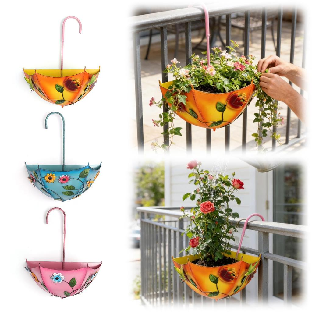 Metal Farmhouse Umbrella Shaped Wall Hanging Planter No-Drill Rustic Distressed Plant Pot with Drainage Holes for Outdoor Plants