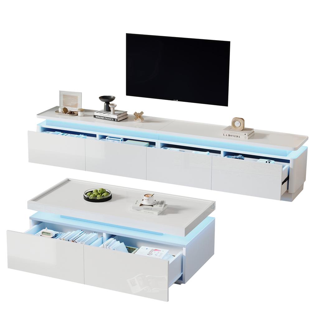 Modern, Minimalist, White High-Gloss TV Cabinet-Coffee Table Combination: with LED Lights + 4 Drawers, Suitable for 75-Inch TVs