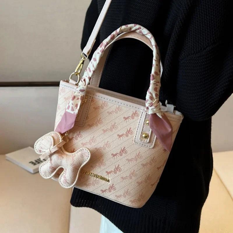 New girl's standard vegetable basket handle bag fashion girls shoulder bucket bag beautiful hanging exquisite silk scarf decoration