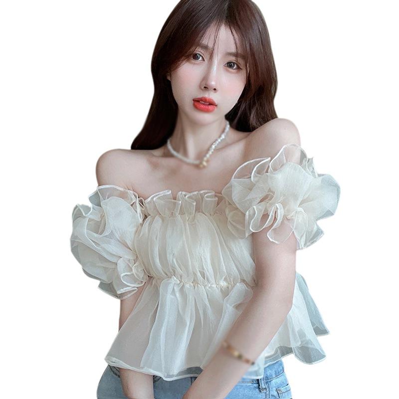 Women Short Puff Sleeve T-shirt Chiffon Short Puff Sleeves Breathable Apricot Sweet Square Neck Top