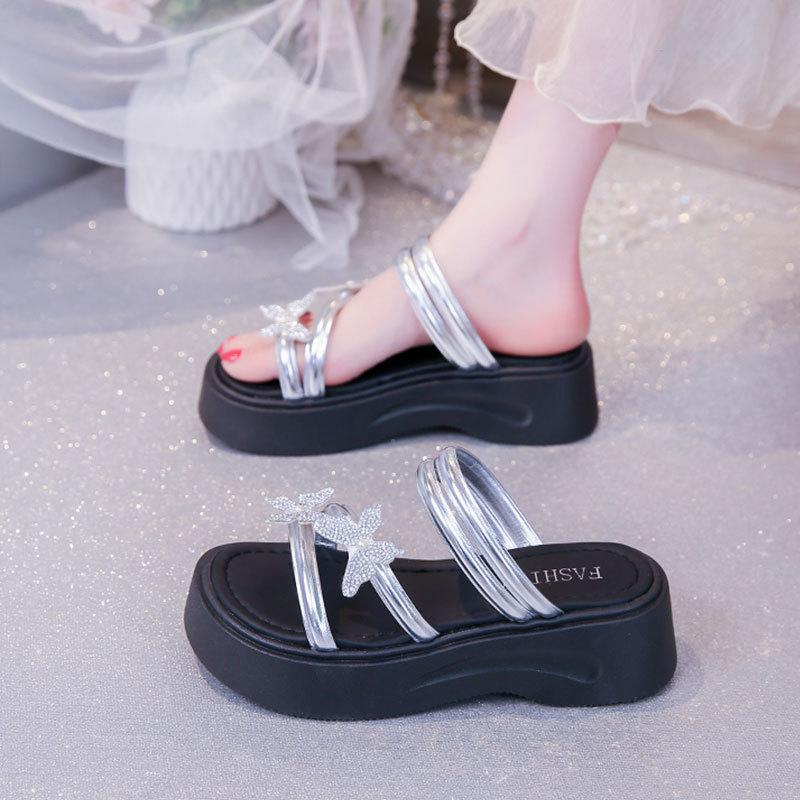 Rhinestone bow heightened thick-soled cool slippers female summer wear 2025 new fairy style with skirt two wear sandals