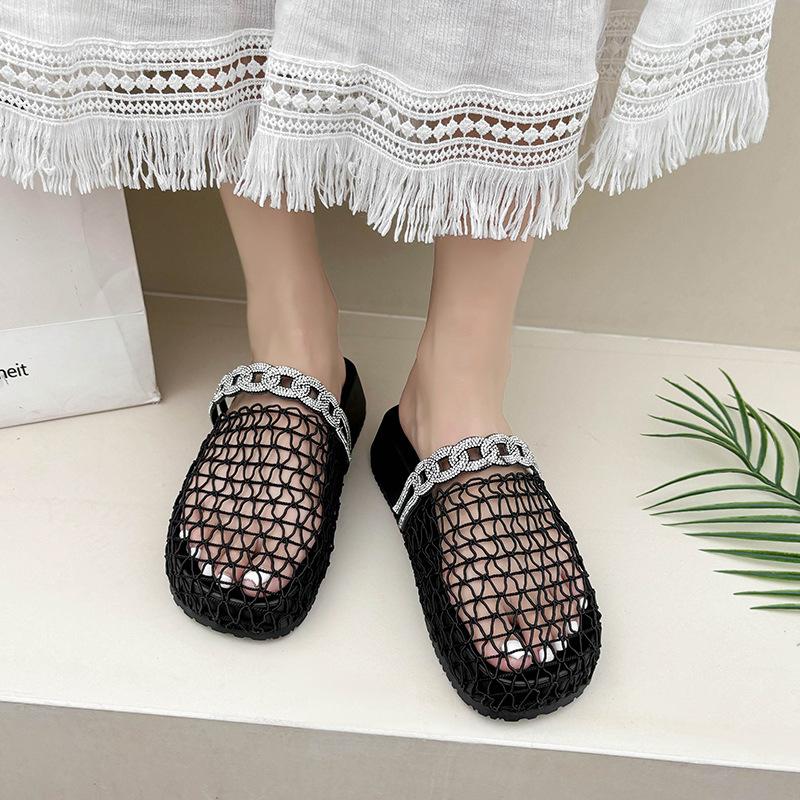 Vară nou pescar fund plat cap rotund baotou jumătate papuci Nisa europeană și americană plasă de pescuit țesută gol papuci răcoroși