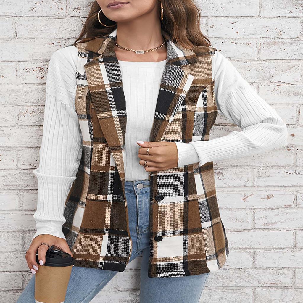 GMXIA Women's Vintage Casual Plaid Print Autumn Winter Sleeveless POLO Neck Jackets & Coats