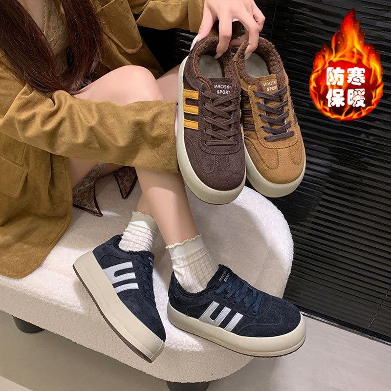 Leather women's fleece thickened thermal cotton shoes lamb wool shoes platform casual sports shoes board shoes