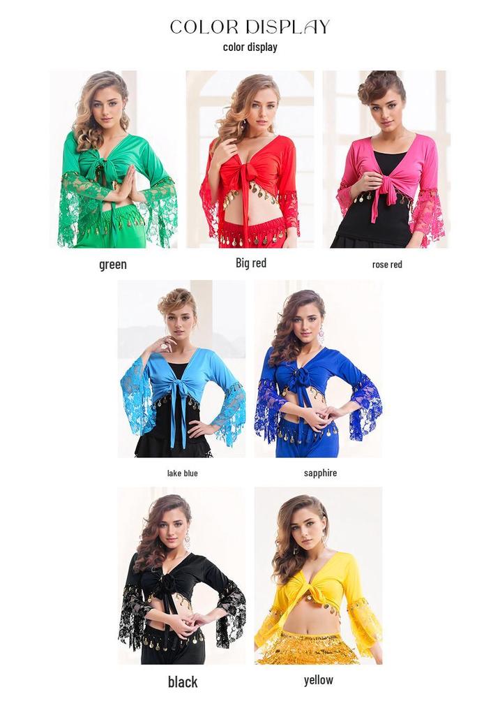 Belly Dance Lace Top with Flared Sleeves and Tassels for Performances
