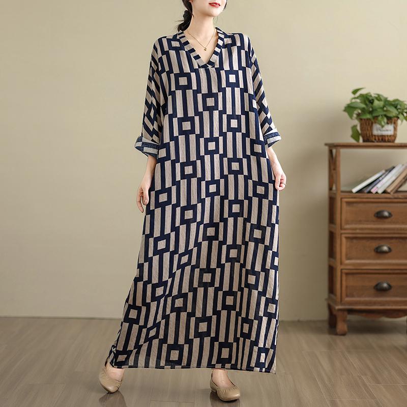 DIMANAF 2025 Women Plus Size Spring Long Dress Loose V-Neck Printing Vintage Casual Floral Oversize Long Sleeve 5031