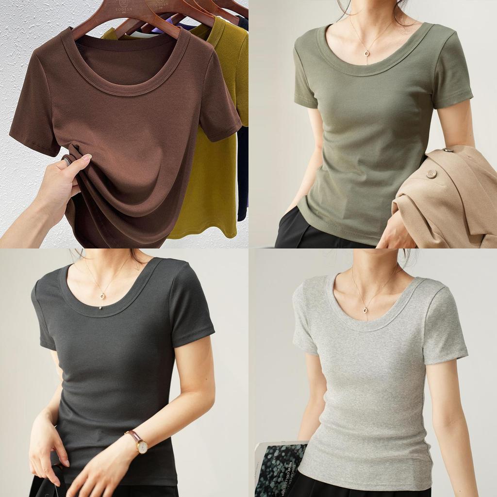 Casual Summer T Shirt For Women With High Elastic Ribbed Fabric And U Neck Design
