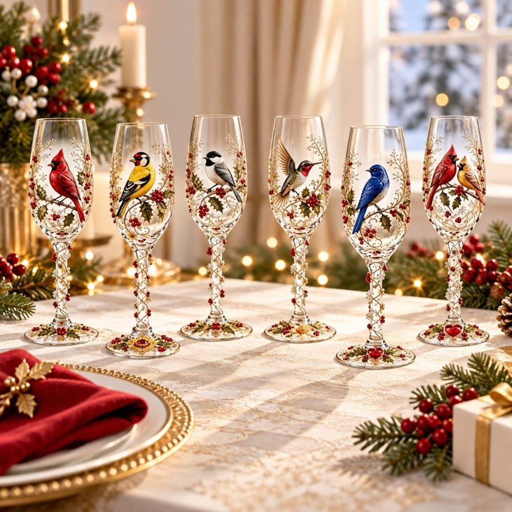 2D Printing Pattern Christmas Wine Glass Red Berries Xmas Bird Cup Bird Glass Goblet Party
