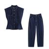 European and American style, wholesale women's clothing lapel sleeveless A-word hem waist denim shirt + bucket trousers