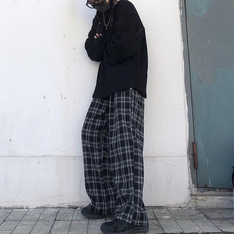 2024 Women's High Waist Plaid Pants - Korean Style, Casual, Wide Leg, Loose Fit for Spring and Autumn.