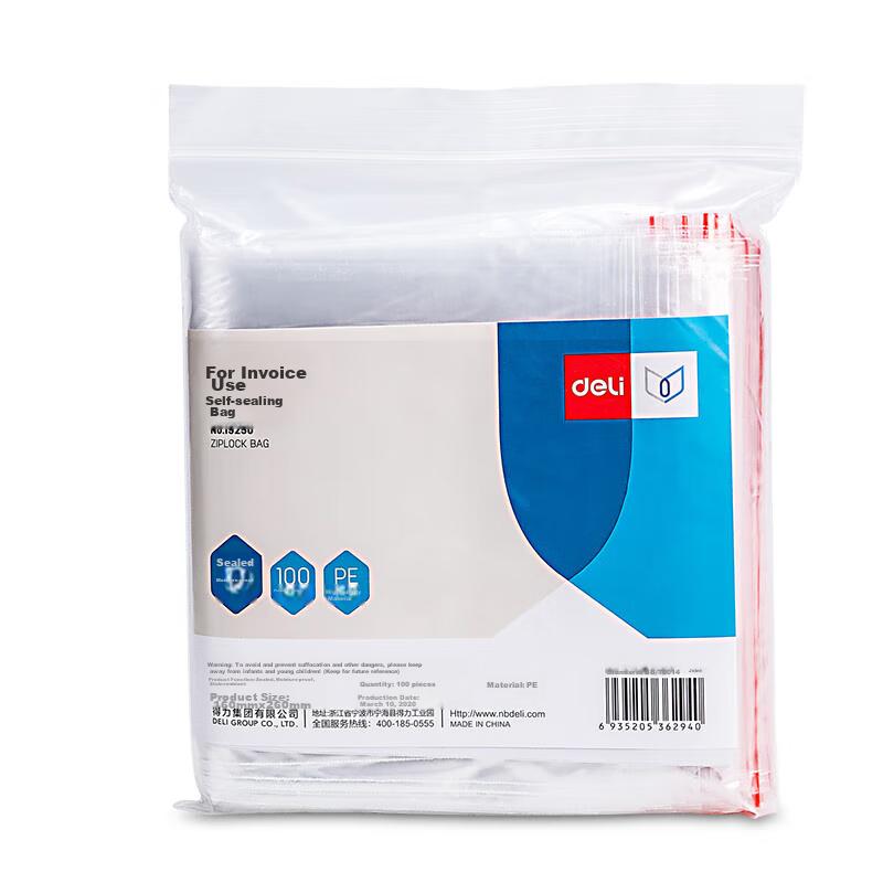 Deli Invoice-Specific Self-Sealing Bags, 26*16cm, Thickened Transparent Sealing Bags, 100 Pieces (With 80 Labels), 19250