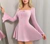 2026 European-American Style Square Neck A-Line Ribbed Dress - Slim Fit, Waist-Cinched, Long Sleeve, Spring/Autumn Collection
