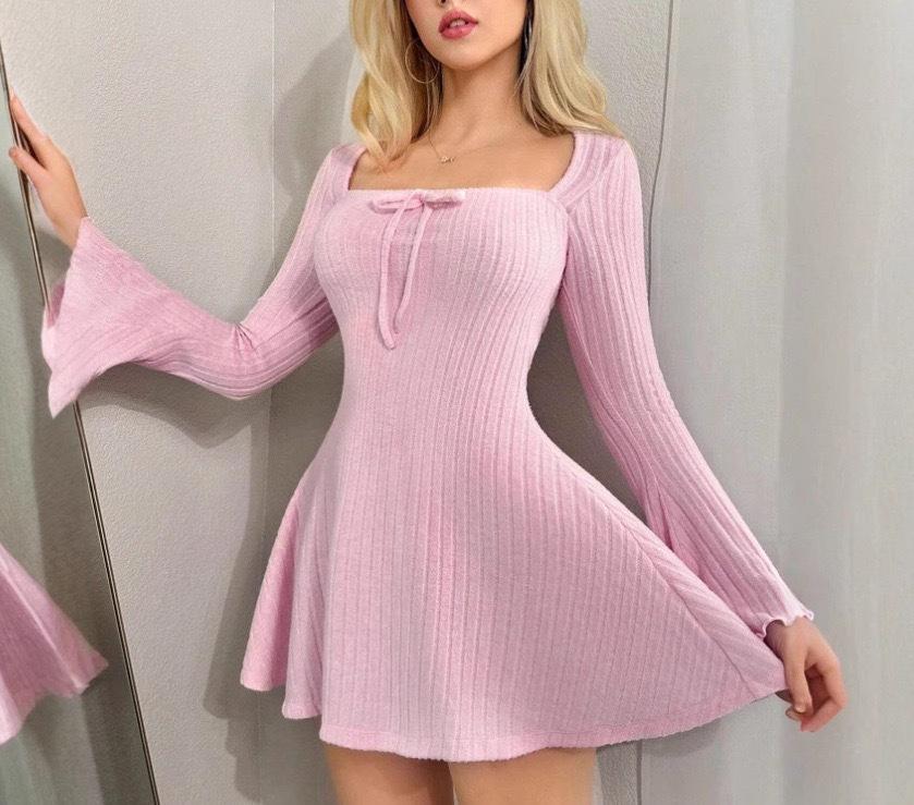 2026 European-American Style Square Neck A-Line Ribbed Dress - Slim Fit, Waist-Cinched, Long Sleeve, Spring/Autumn Collection