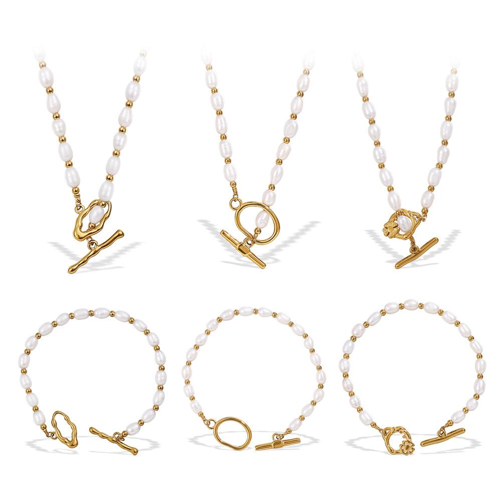 Stainless Steel Freshwater Pearl OT Buckle Necklace Bracelet Set Simple Gold Plated Necklace Bracelet