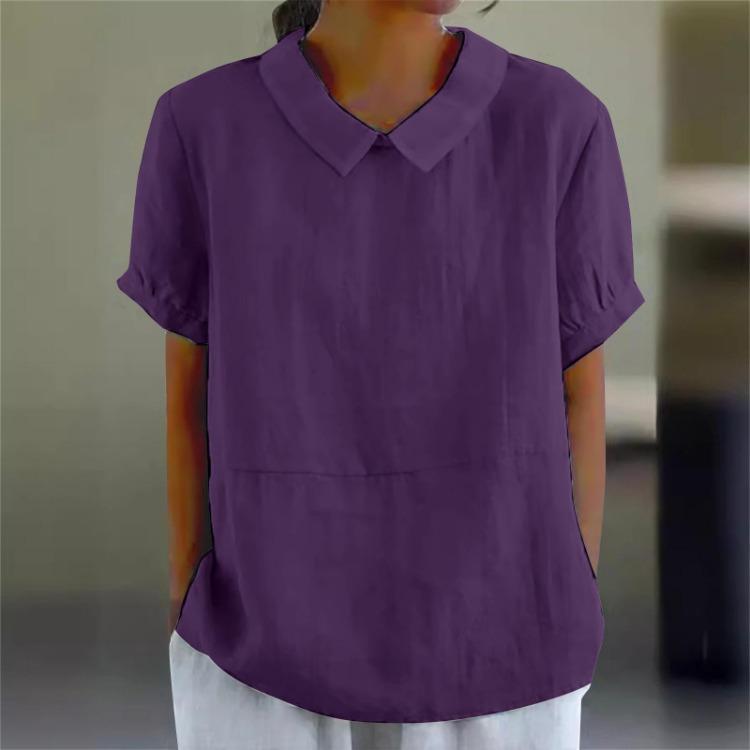 Summer Casual Blouse Peter Pan Collar Cotton Loose Ladies Shirt Short Sleeve Solid Color Breathable Womens Tops