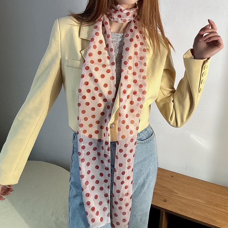 French Retro Polka Dot Lace Silk Scarf - Stylish, Versatile, Striped, Lightweight Ribbon for Spring/Summer