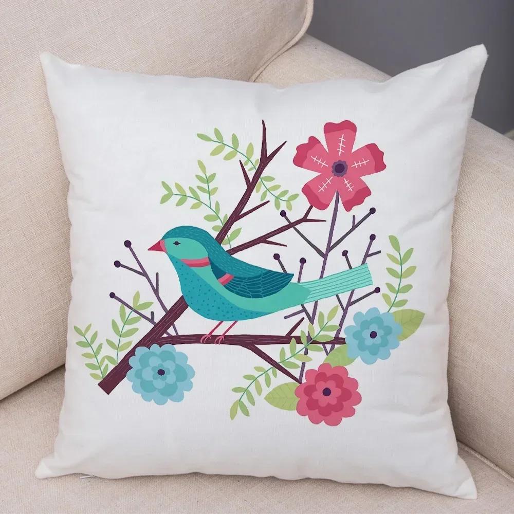 Cute Cartoon Parrot Pillowcase Decorated With Birds And Flowers Living Room Bedroom Sofa Car Cushion Pillowcase 45X45Cm