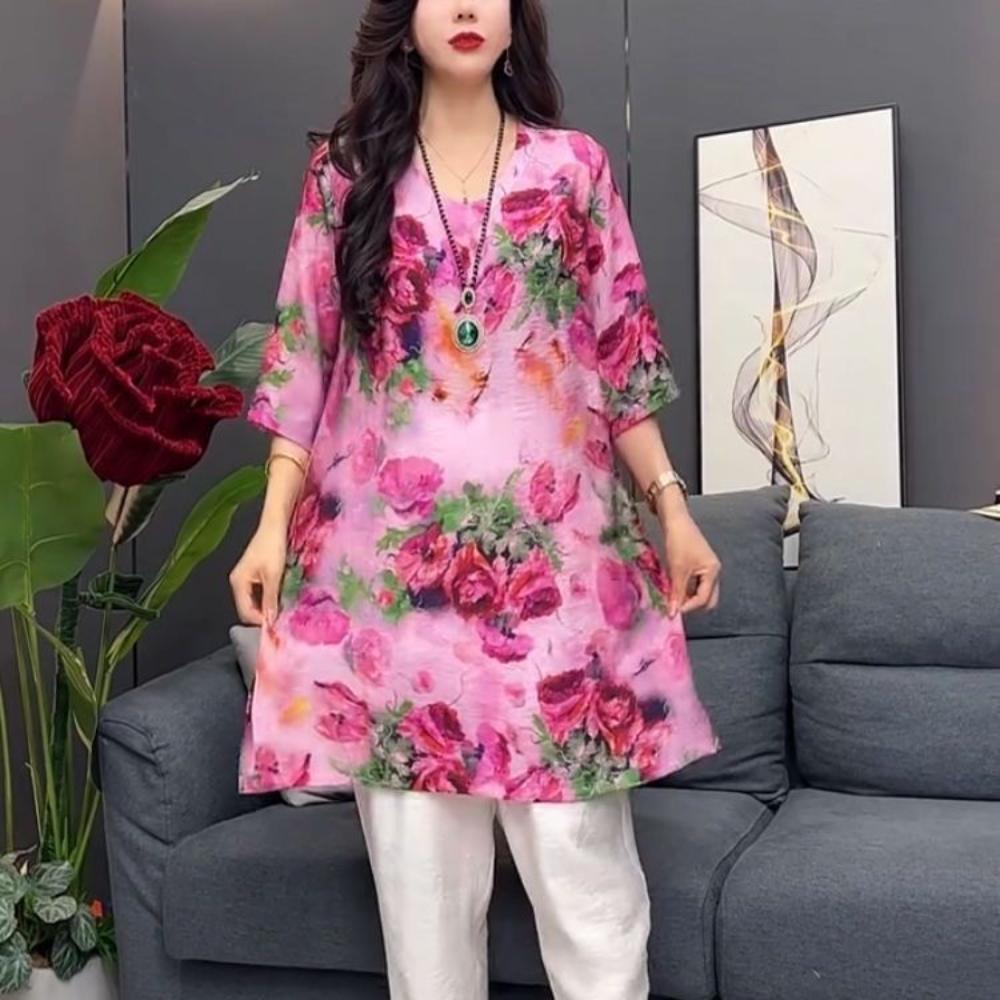 Mom Printed V-neck Mid-length T-shirt Summer Temperament Loose and Fashionable Slim and Age-reducing Top for Women