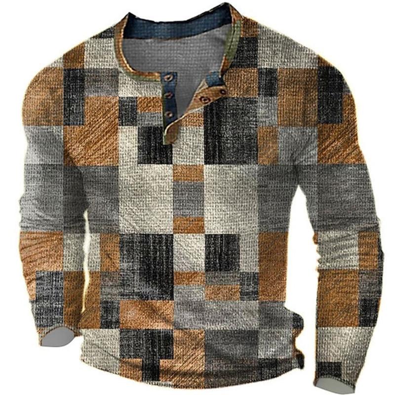 Unregelmäßiges Herren-T-Shirt mit 3 Knöpfen und Digitaldruckmuster, bequeme Polyesterfaser für Frühjahrs- und Herbstbekleidung, tägliche Outdoor-Bekleidung