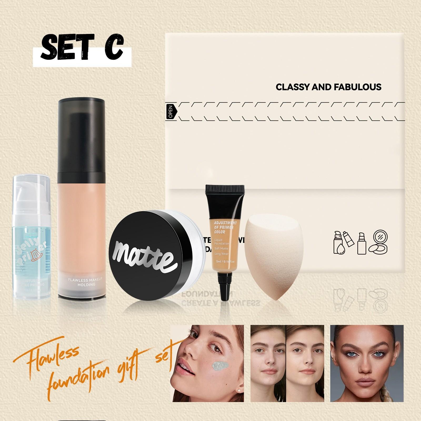 

Набор для макияжа лица из 5 предметов, Тональная основа и матирующая пудра, Стойкий водостойкий натуральный набор(5мл+10мл+30мл+6г) One Size