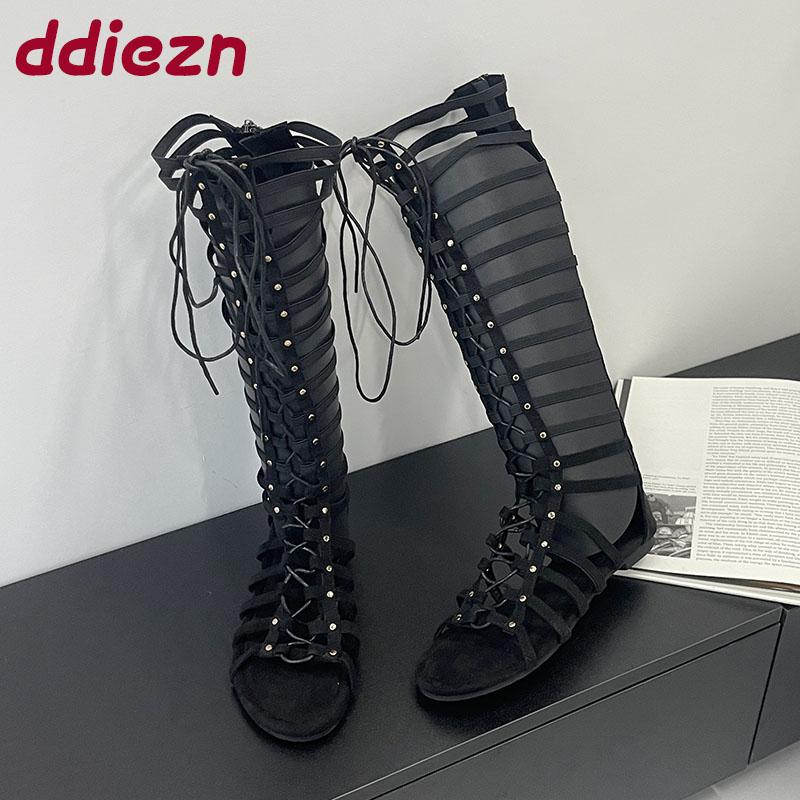Móda Nová Móda Šněrovací Obuv Baleríny Ženy Kozačky nad Koleno Boty Dámské Kulatá Špička Dámské Dlouhé Gladiátorky Sandály Kozačky