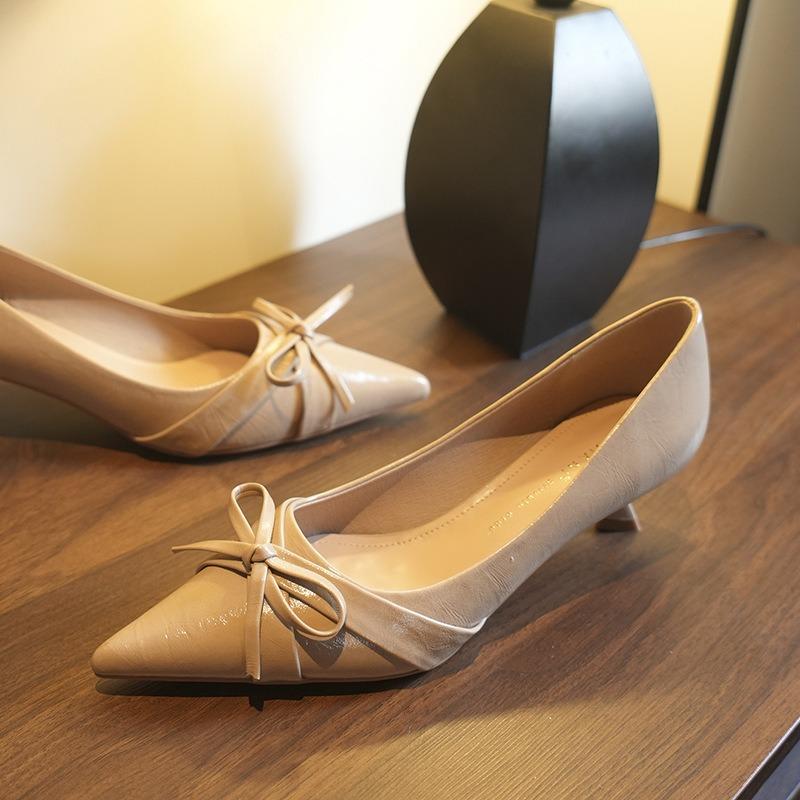 Elegant and Sweet Temperament Bow High Heels Women's Pointed Head Stiletto Shoes Spring and Autumn