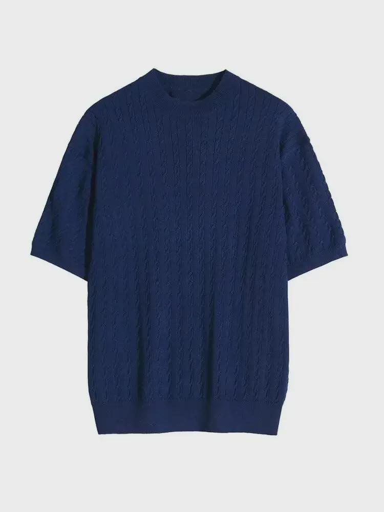 Men's Slim Fit Short Sleeve Knit Sweater - Solid Color, Round Neck, Vertical Stripes, Trendy and Versatile.