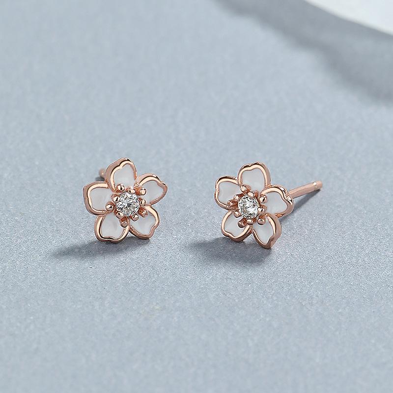 925 Sterling Silver Cherry Blossom Stud Earrings Enamel Flower Jewelry with Crystal for Women Girls Gift