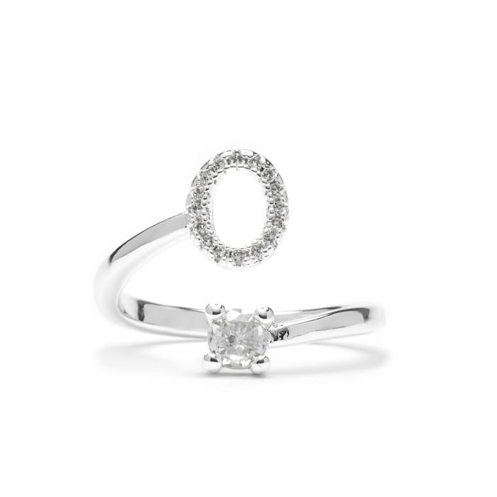 Ring - LUXENTER - Alphabet Letter O - Adjustable Size - Rhodium Plated - White Zirconia