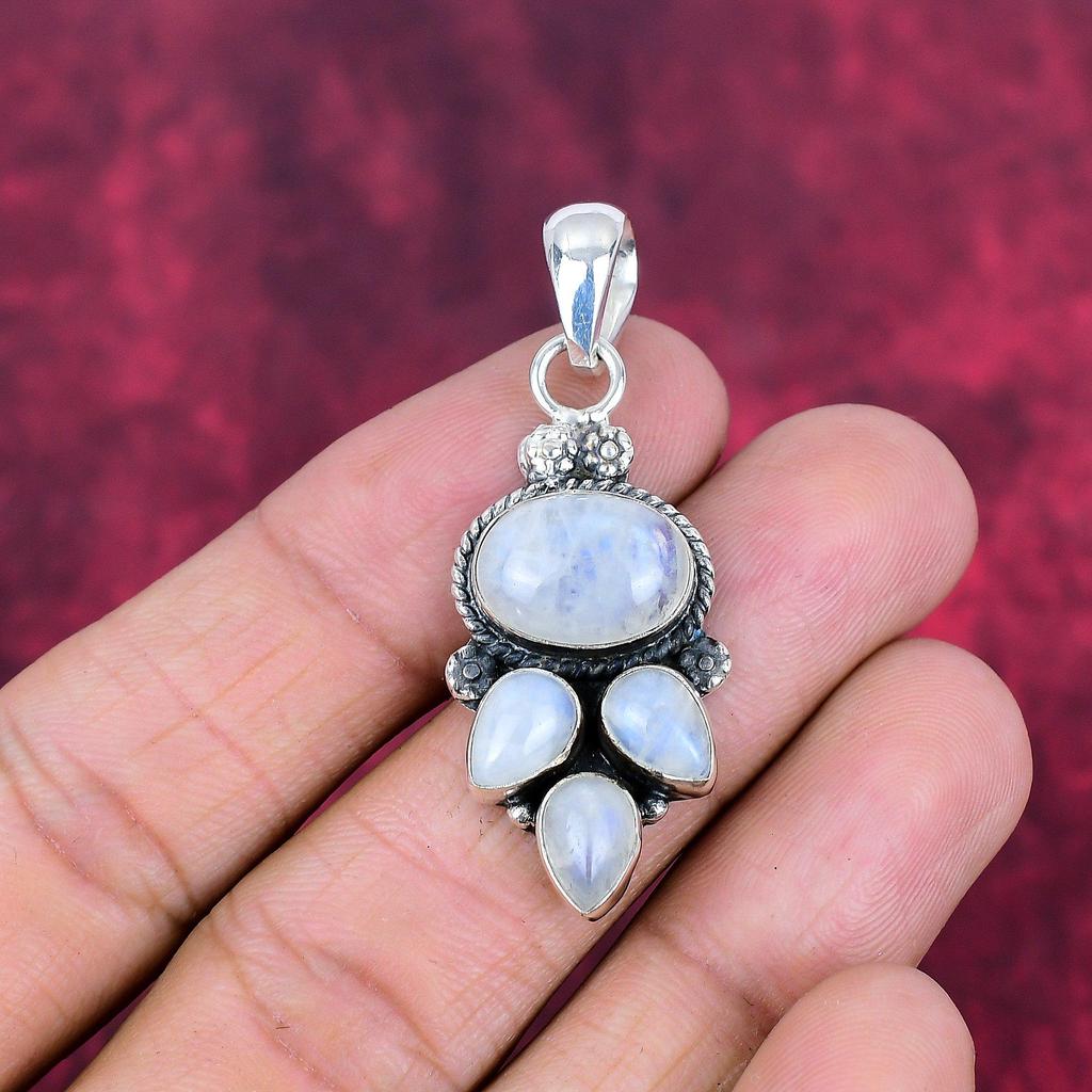 Regenbogen Mondstein Anhänger Edelstein Schmuck, 925 Sterling Silber Anhänger, handgemachter schöner Schmuck Anhänger